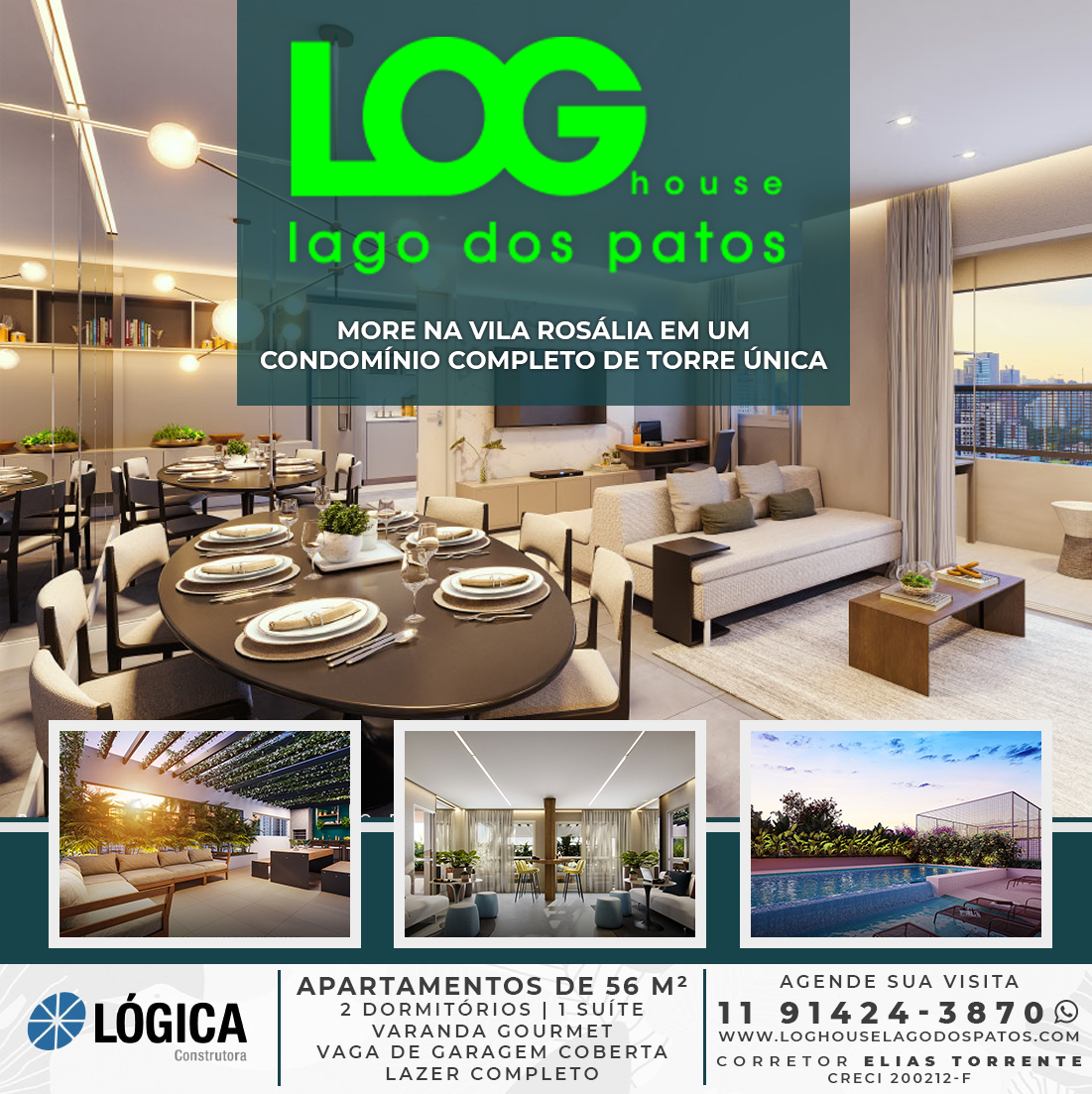 LOG House Lago dos Patos - Apartamentos de 56m | 2 Dormitrios ou Living Ampliado | 1 Sute | 1 Vaga de Garagem | Um condomnio completo com mais de 25 itens de lazer e comodidade no alto da Vila Roslia e  menos de 3 minutos do Lago dos Patos na Vila Galvo. Venha conhecer, se encantar e se surpreender com os preos e condies disponveis para voc. Acesso o site ou ligue agora mesmo para 11 91424-3870