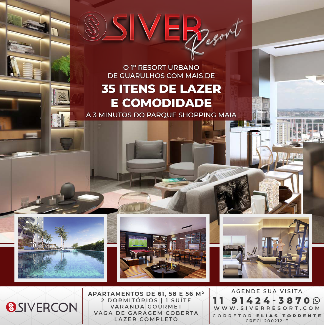 Siver Resort Bosque Maia | Apartamentos de 61, 58 e 56 m | 2 Dormitrios com ou sem Sute | Varanda Gourmet | 1 ou 2 Vagas de Garagem | Um condomnio completo 35 itens de lazer, segurana e comodidade  menos de 3 minutos do Parque Shopping Maia. Venha conhecer, se encantar e se surpreender com os preos e condies disponveis para voc. Acesso o site ou ligue agora mesmo para 11 91424-3870